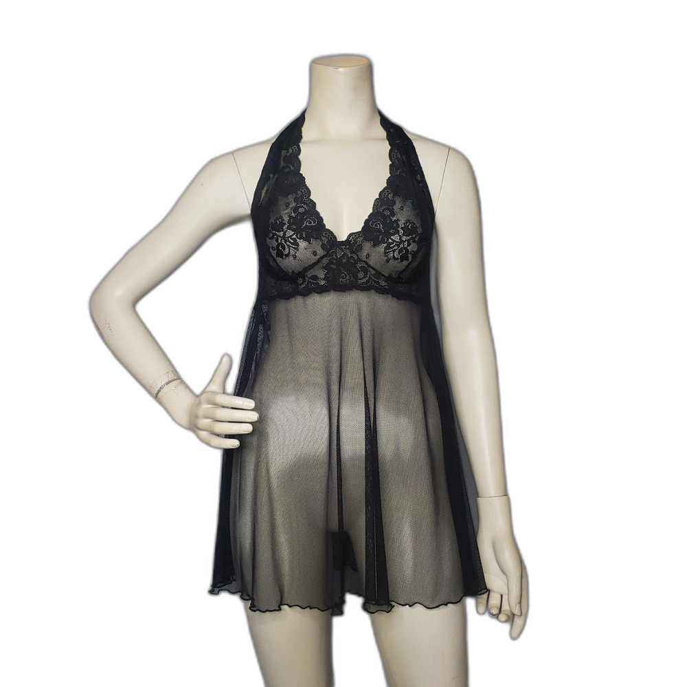 Victorias Secret Black Lace and Fishnet Mesh Babydoll Nightie Womens Size Large